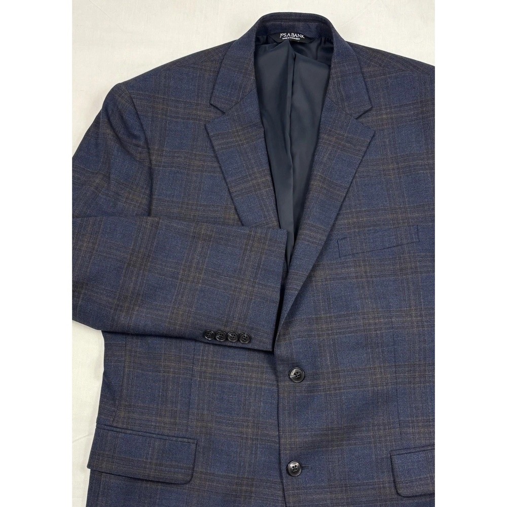 Jos A Bank Traveler Wool/Stretch Blazer 42R Denim Blue w/Brown/Blue Plaid EUC